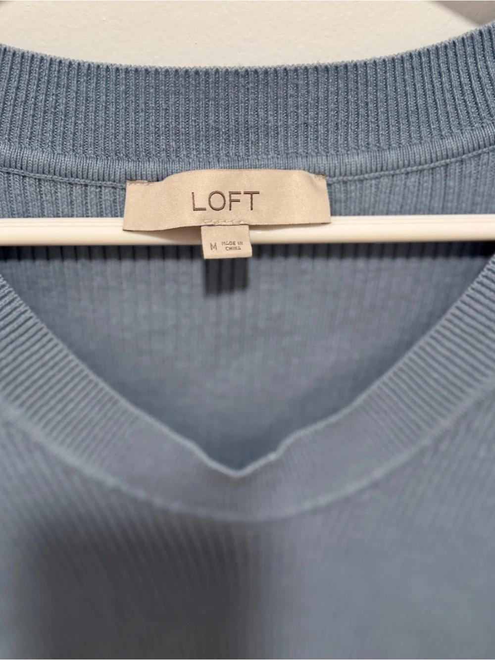 LOFT Sky Blue V-Neck Ribbed Puff Sleeve Top